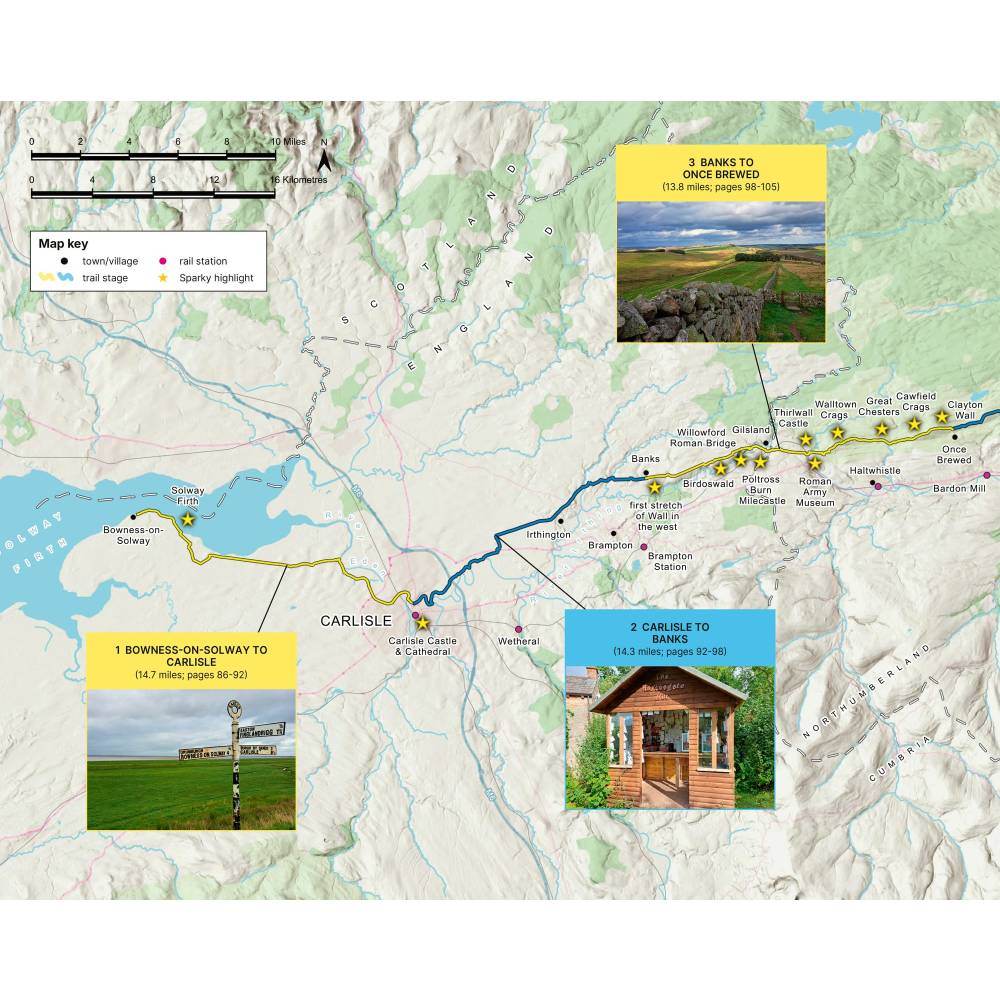 Map of Hadrian's Wall Path with scenic views and highlighted places to see