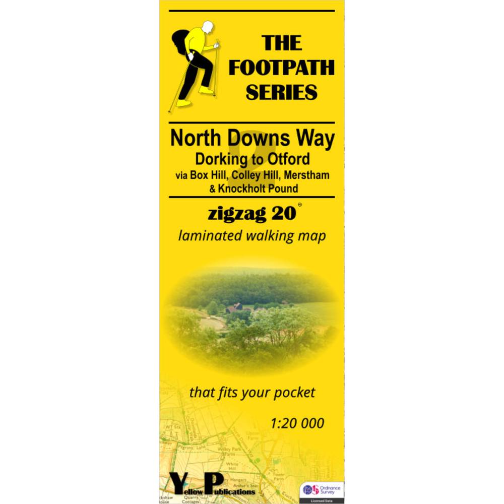 Yellow map cover of North Downs Way2 Dorking to Otford with walking illustration and text.