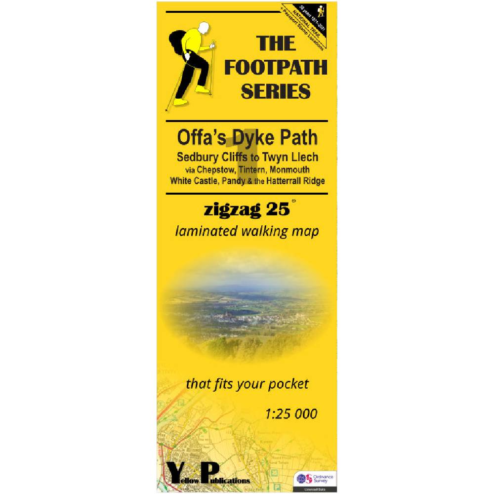 Yellow map cover of Offa's Dyke Path Map 1 Sedbury Cliffs to Twyn Llech illustration.