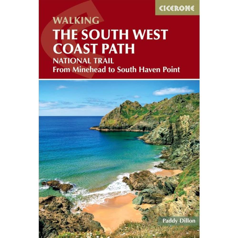 Book cover of 'The South West Coast Path' guidebook with a scenic image of a coastal landscape.