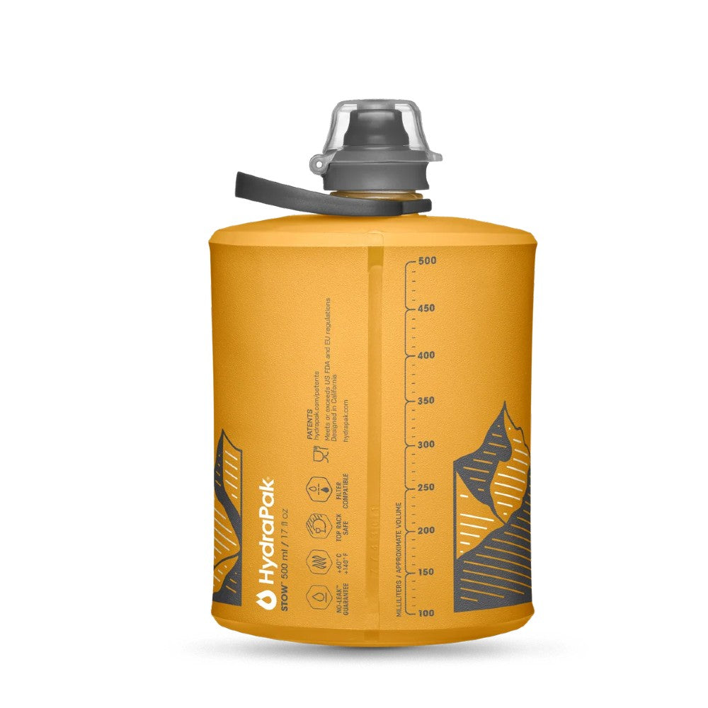 Stow golden yellow 500ml water bottle with mountain design - back