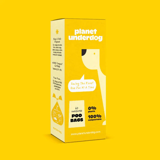 0% plastic, 100% compostable dog poo bags from Planet Underdog in yellow box