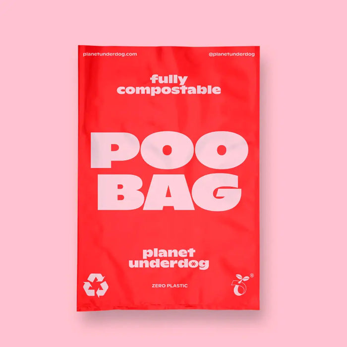 0% plastic, 100% compostable dog poo bags from Planet Underdog - red bag front