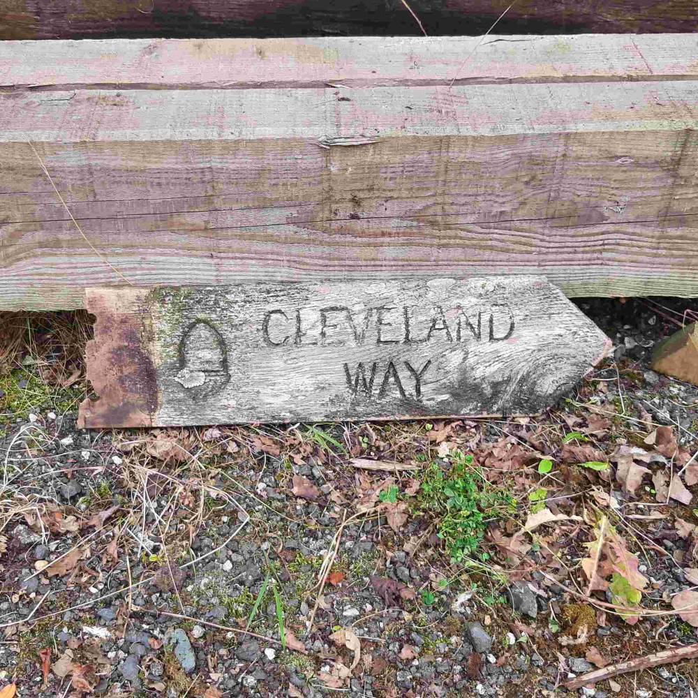 Wooden sign pointing to 'Cleveland Way' on a natural ground surface.
