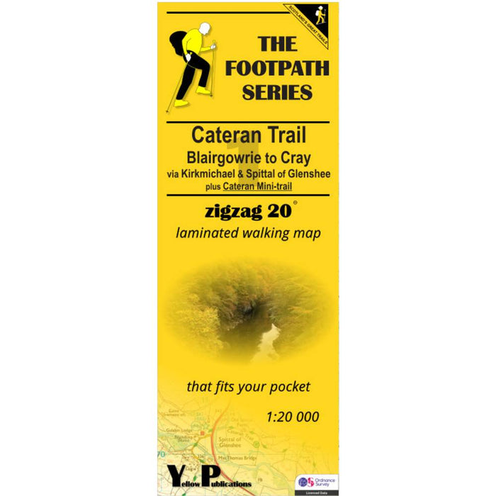 Yellow map cover of the Cateran Trail map 1 with text and a walking figure illustration.