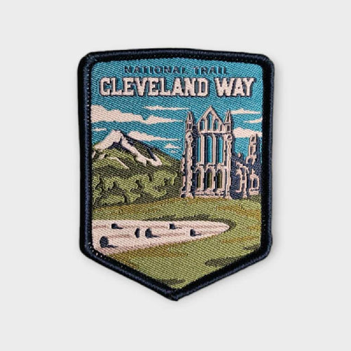Embroidered patch of Cleveland Way National Trail with scenic design on a light gray background