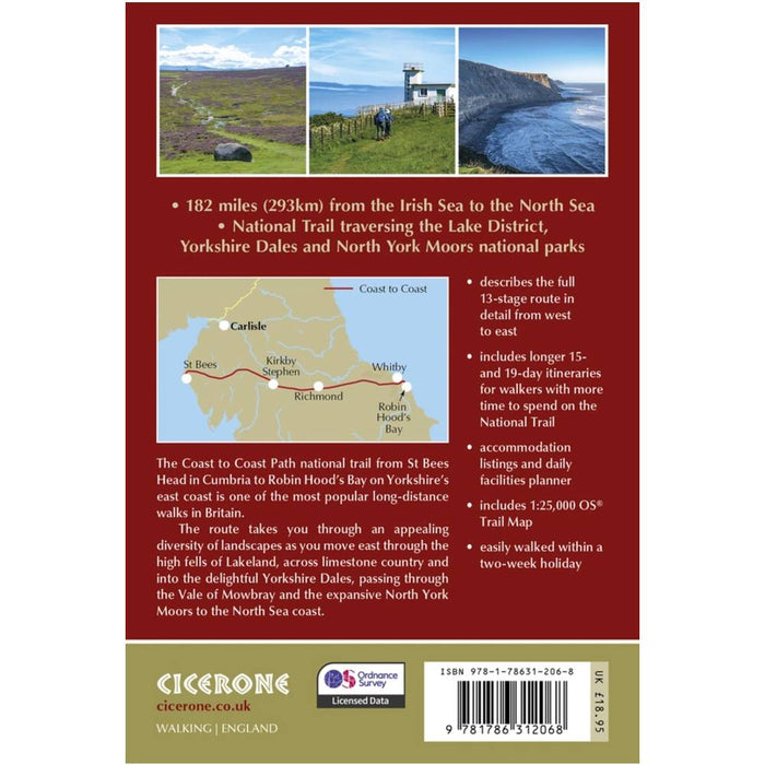 Back cover of Coast to Coast Path guidebook with scenic images and text about a national trail.