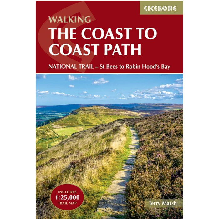 Book cover of 'The Coast to Coast Path' guidebook with map with a scenic view of a trail.