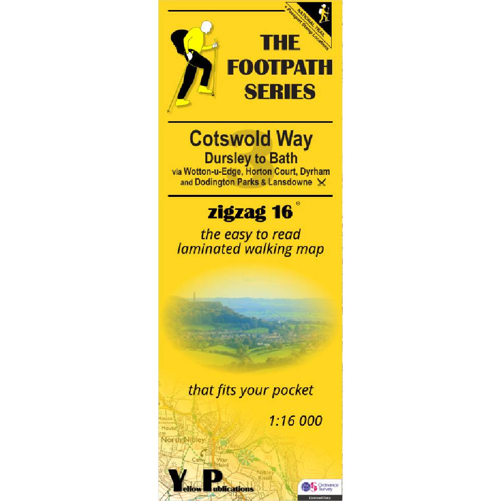 Yellow map cover of the Cotswold Way Map 3 from Dursley to Bath with walking illustration and text.