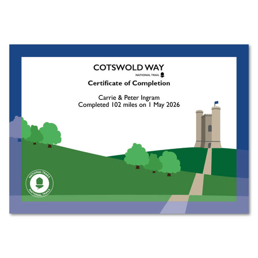 Cotswold Way National Trail certificate of completion with scenic design and tower illustration.
