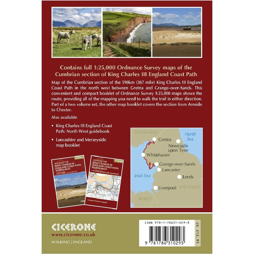 Back cover of a map book with images of landscapes and text about Cumbrian section of King Charles III England Coast Path.