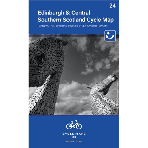 Map cover for Edinburgh & Central Southern Scotland Cycle Map featuring sThe Kelpies sculptures against a cloudy sky.