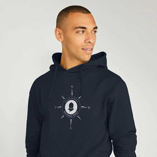 Man wearing Follow the Acorn National Trail Compass Hoody in Navy Blue
