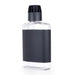 Clear hip flask with black cap on a white background