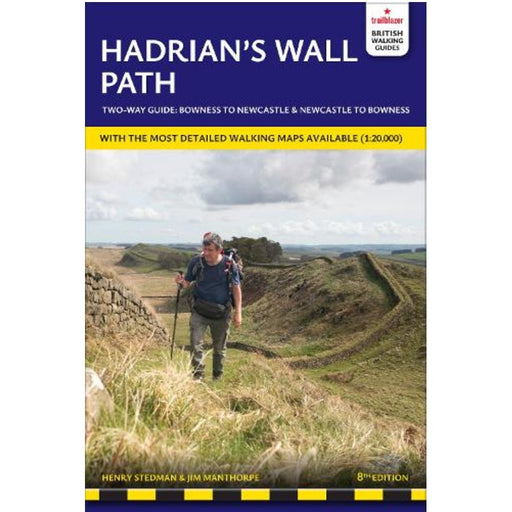 Book cover of  TRailblazer 'Hadrian's Wall Path' 8th edition with a person walking on a path.