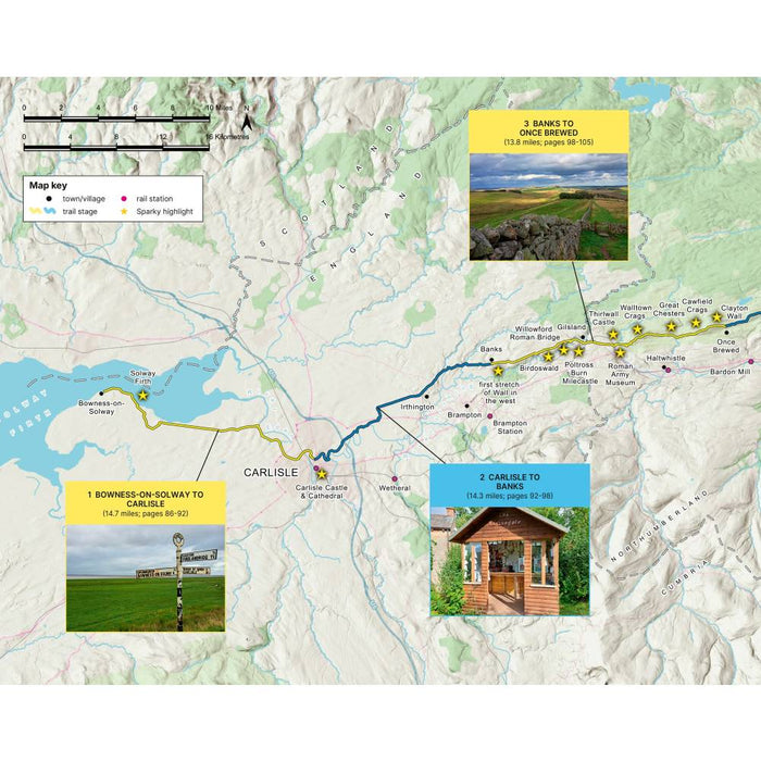 Map of Hadrian's Wall Path with scenic views and highlighted places to see