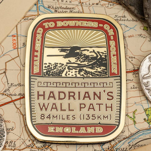 Hadrian's Wall Path fridge magnet on a vintage map background