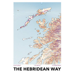 Map of The Hebridean Way with topographic details on a light blue background