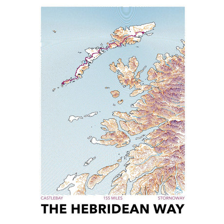 Map of The Hebridean Way with topographic details on a light blue background