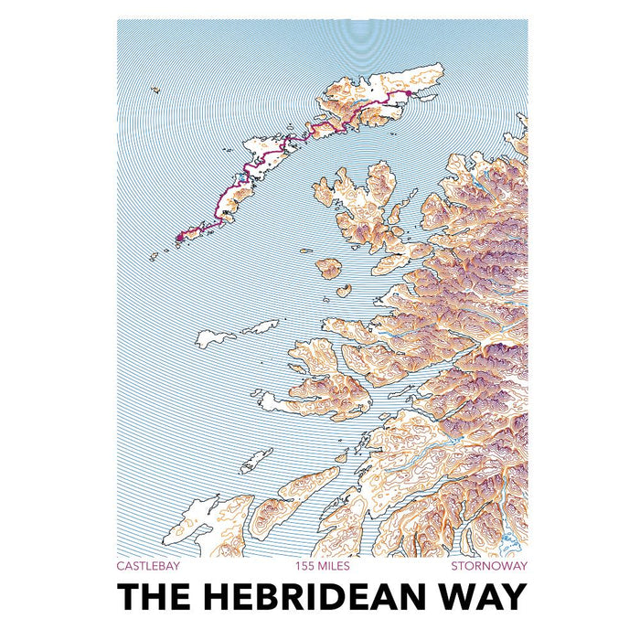 Map of The Hebridean Way with topographic details on a light blue background