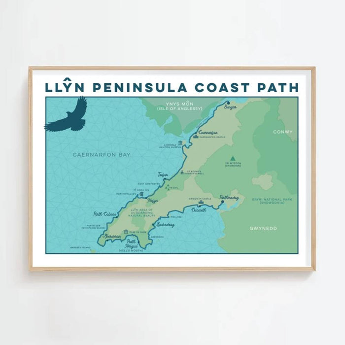 A coastal map print titled 'LLYN PENINSULA COAST PATH' showing the coastal path around the Llyn Peninsula with labeled locations and a bird silhouette