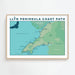 A coastal map print titled 'LLYN PENINSULA COAST PATH' showing the coastal path around the Llyn Peninsula with labeled locations and a bird silhouette