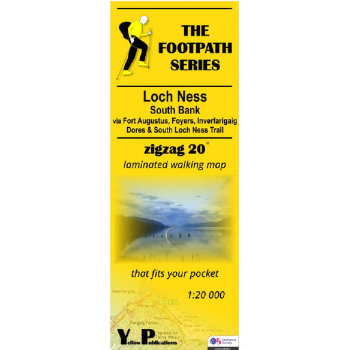 Yellow walking map cover for Loch Ness South Bank (South Loch Ness Trail) with text and a silhouette of a person on a path.