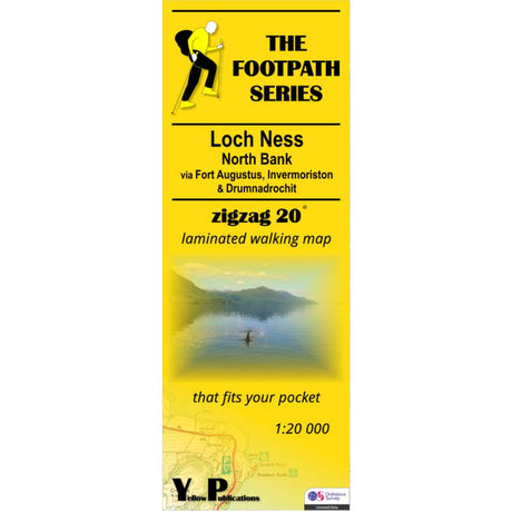 Yellow walking map cover for the North Bank Loch Ness with a scenic illustration and text.
