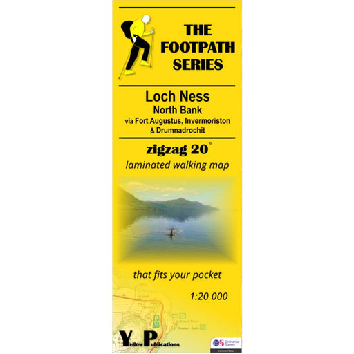 Yellow walking map cover for the North Bank Loch Ness with a scenic illustration and text.