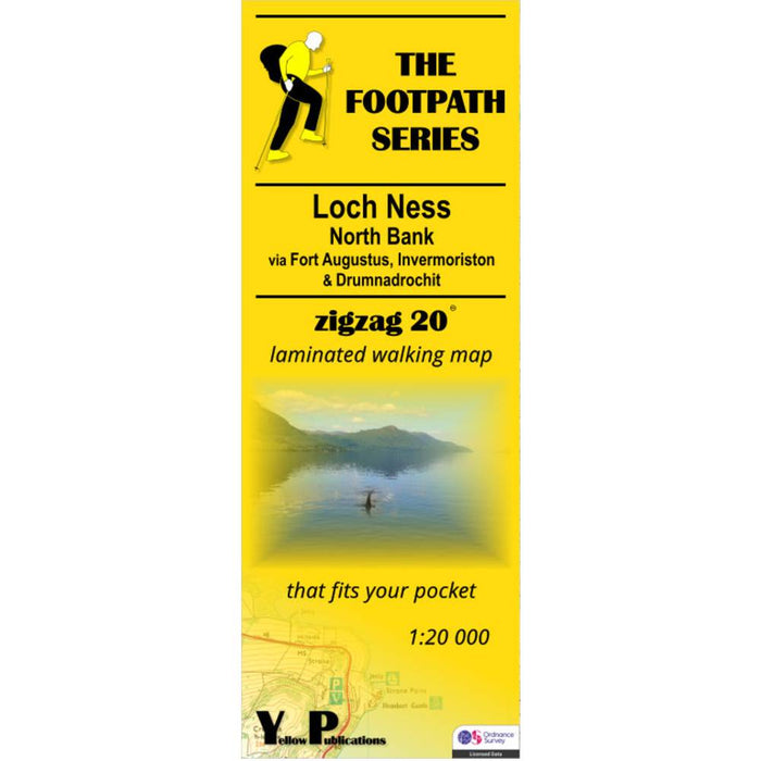 Yellow walking map cover for the North Bank Loch Ness with a scenic illustration and text.
