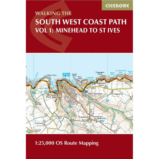 Book cover of 'Walking the South West Coast Path Vol 1: Minehead to St Ives' by Cicerone with a map on a red background.