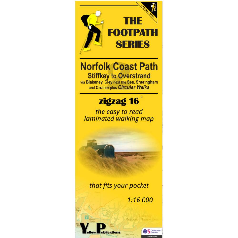 Yellow map cover of The Footpath Series Norfolk Coast Path with walking illustration and text.