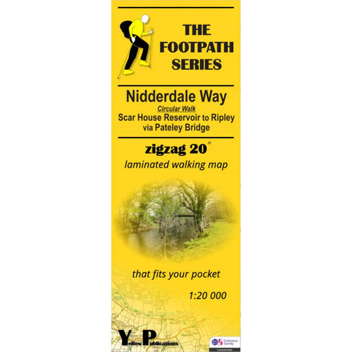 Yellow walking map cover for Nidderdale Way with a walking figure and map details.