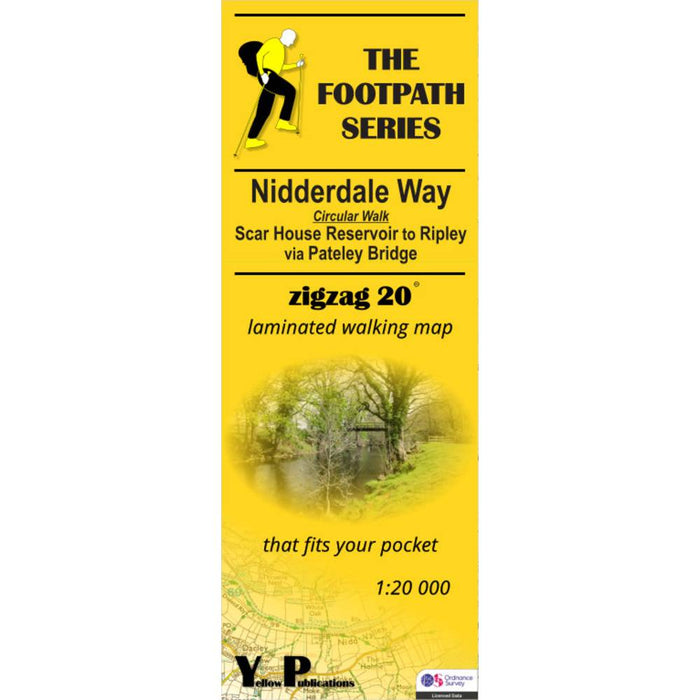 Yellow walking map cover for Nidderdale Way with a walking figure and map details.