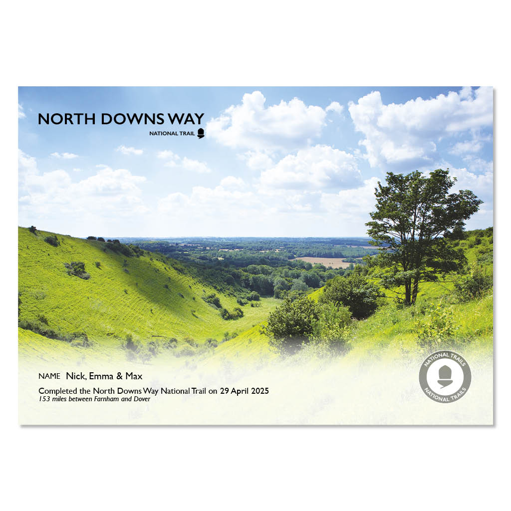 North Downs Way National Trail Completion Certificate - Photo Design - The Trails Shop