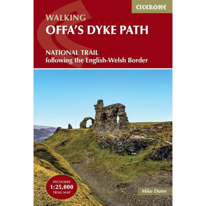 Front cover of a Cicerone walking map titled 'Offa's Dyke Path National Trail' showing a landscape photo of stone ruins on a grassy hill under a blue sky.