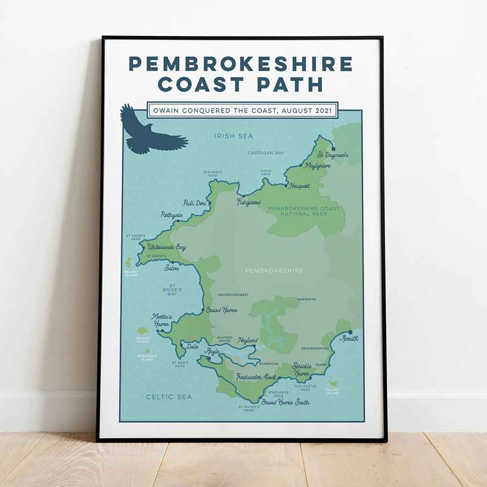 Pembrokeshire Coast Path personalised art print blue