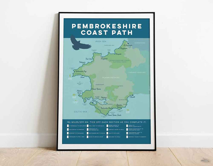 Pembrokeshire Coast Path tick box art print blue
