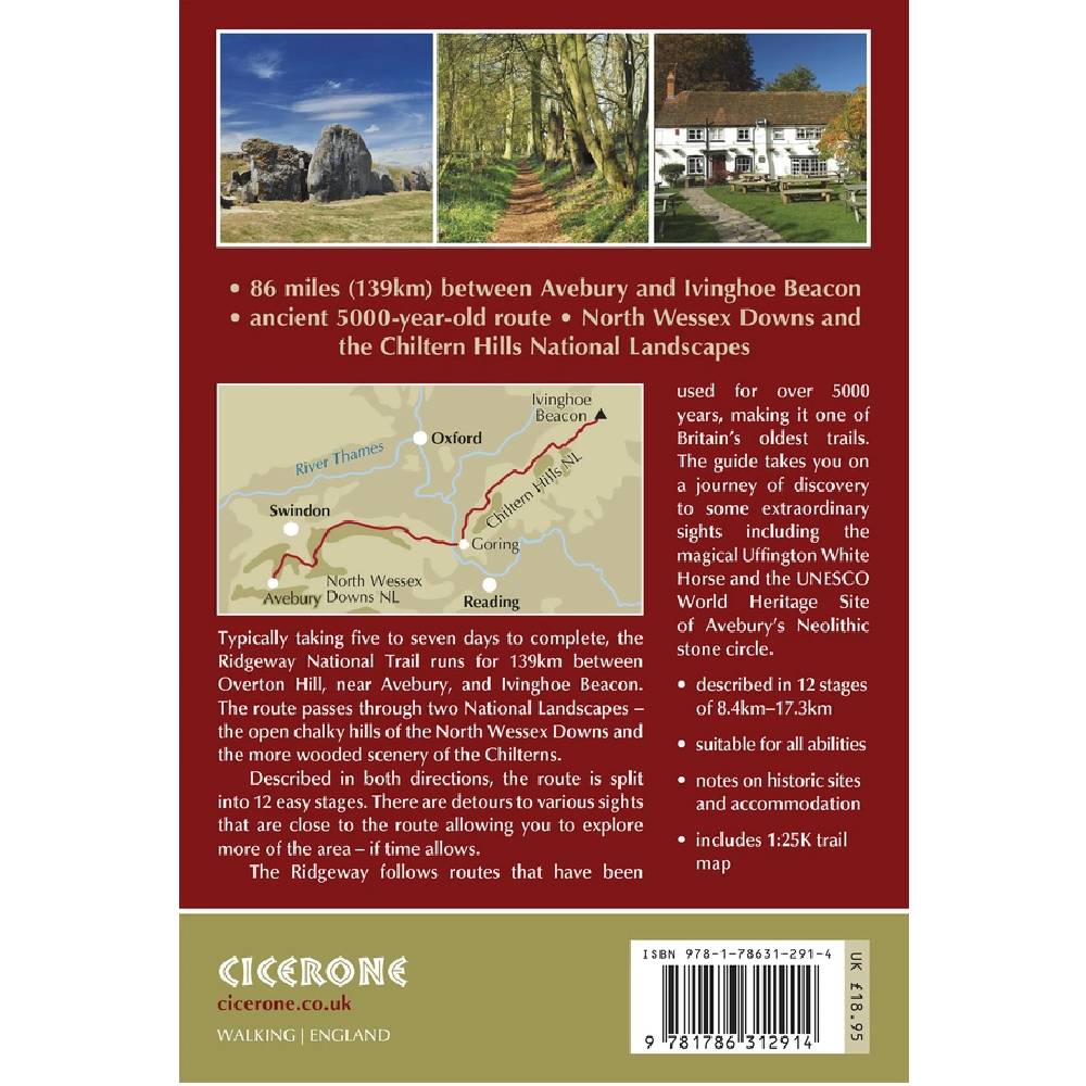 Back cover of The Ridgeway guidebook with scenic images and text about a walking route.