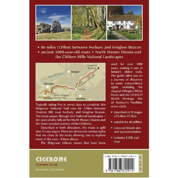 Back cover of The Ridgeway guidebook with scenic images and text about a walking route.