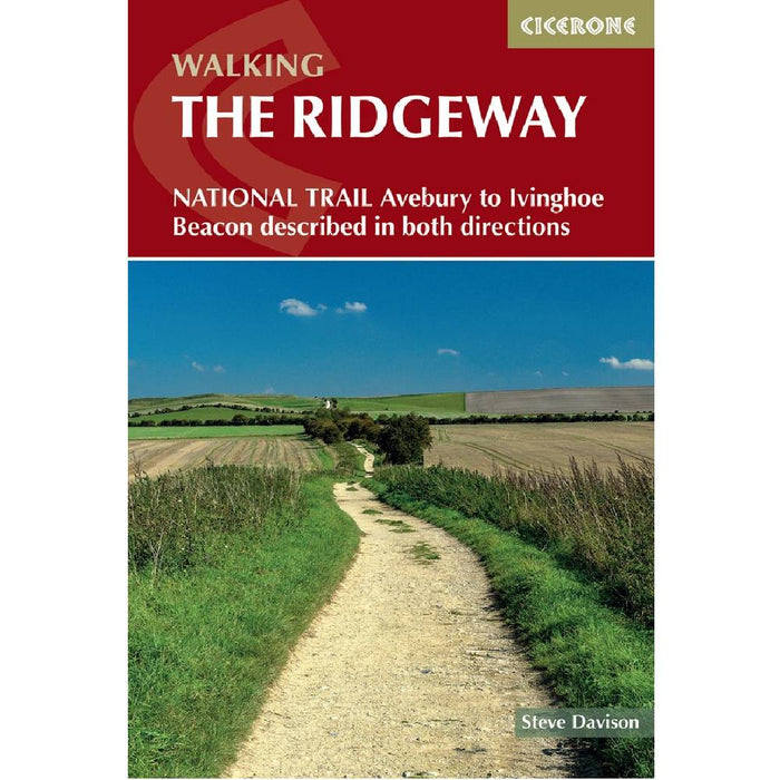 Book cover of 'The Ridgeway' guidebook by Cicerone with a path and landscape on a red background