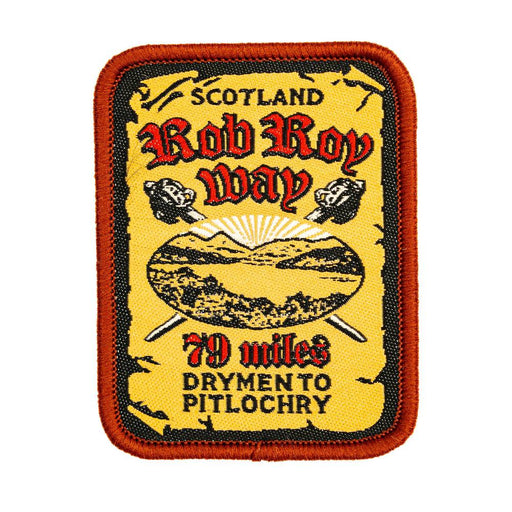 Embroidered patch with 'Scotland Rob Roy Way' text and design on a yellow background.