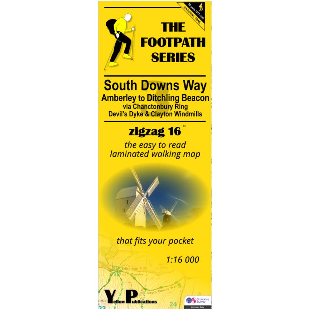 A tall, narrow yellow cover for a pocket walking map titled "The Footpath Series: South Downs Way," with black text, a hiking icon, and a small windmill illustration near the bottom. Visible branding includes YP Publications and a small Ordnance Survey logo.