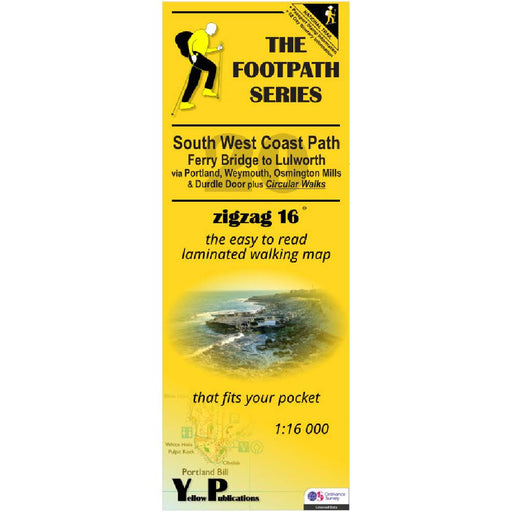 Yellow map cover of The Footpath Series for South West Coast Path with text and a small image of a person walking.