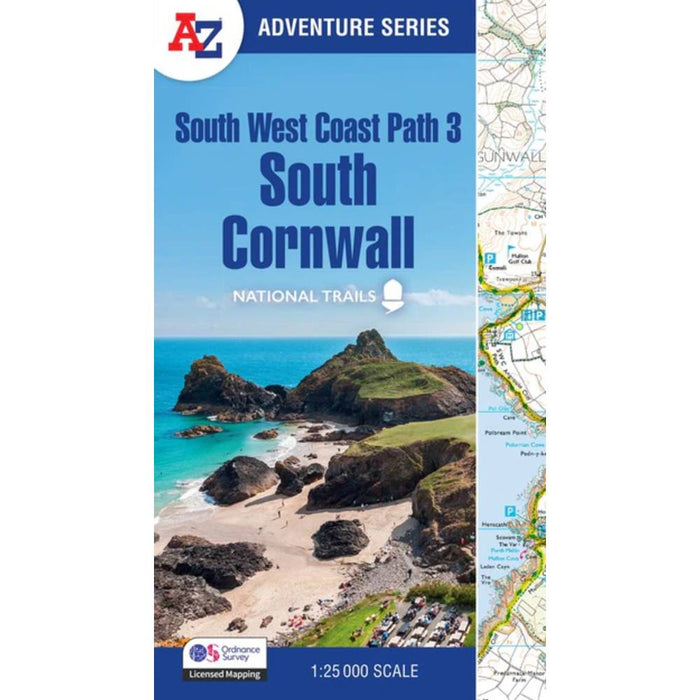 Map cover of South West Coast Path 3 South Cornwall with a scenic view and A-Z branding.