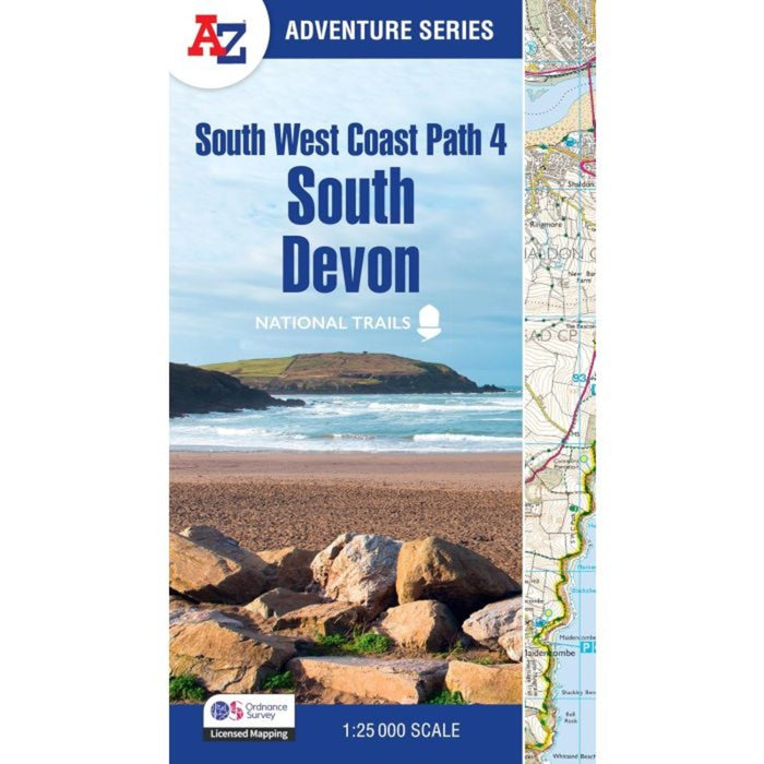Map cover of A-Z map South West Coast Path 4 South Devon with beach and rock formation imagery.