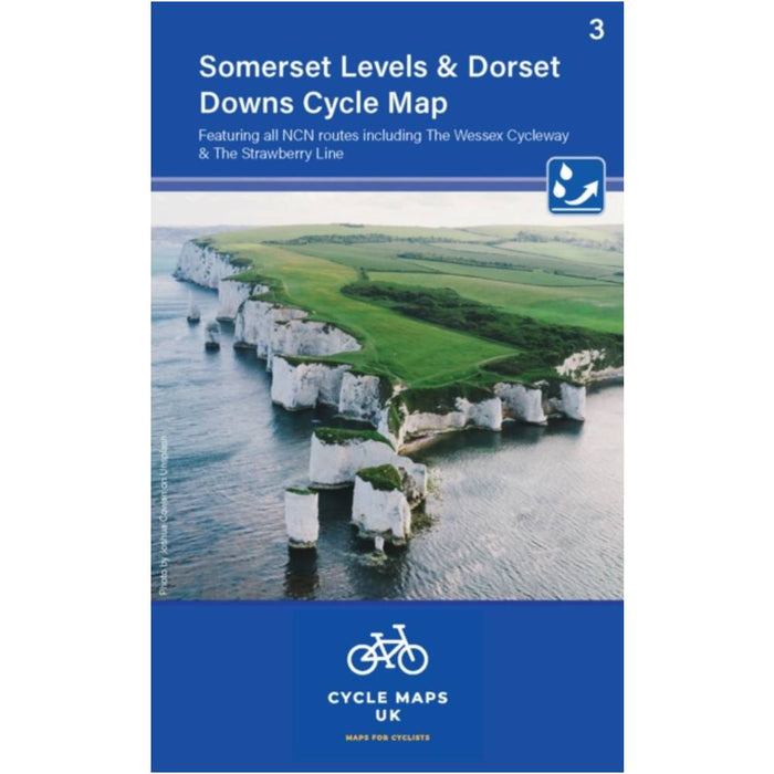 Cycle map cover for Somerset Levels & Dorset Downs with a scenic view of cliffs and water.