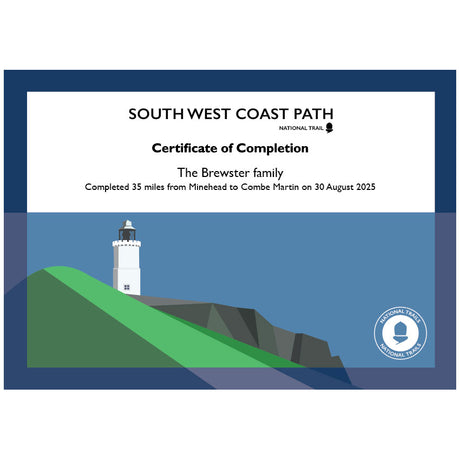 South West Coast Path certificate of completion with lighthouse illustration