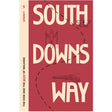 Book cover for 'South Downs Way' guidebook by Sparky, featuring a dusty red background with large cream-colored text and minimalist black line drawings of a hiker, butterfly, and landscape.