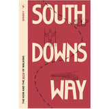 Book cover for 'South Downs Way' guidebook by Sparky, featuring a dusty red background with large cream-colored text and minimalist black line drawings of a hiker, butterfly, and landscape.